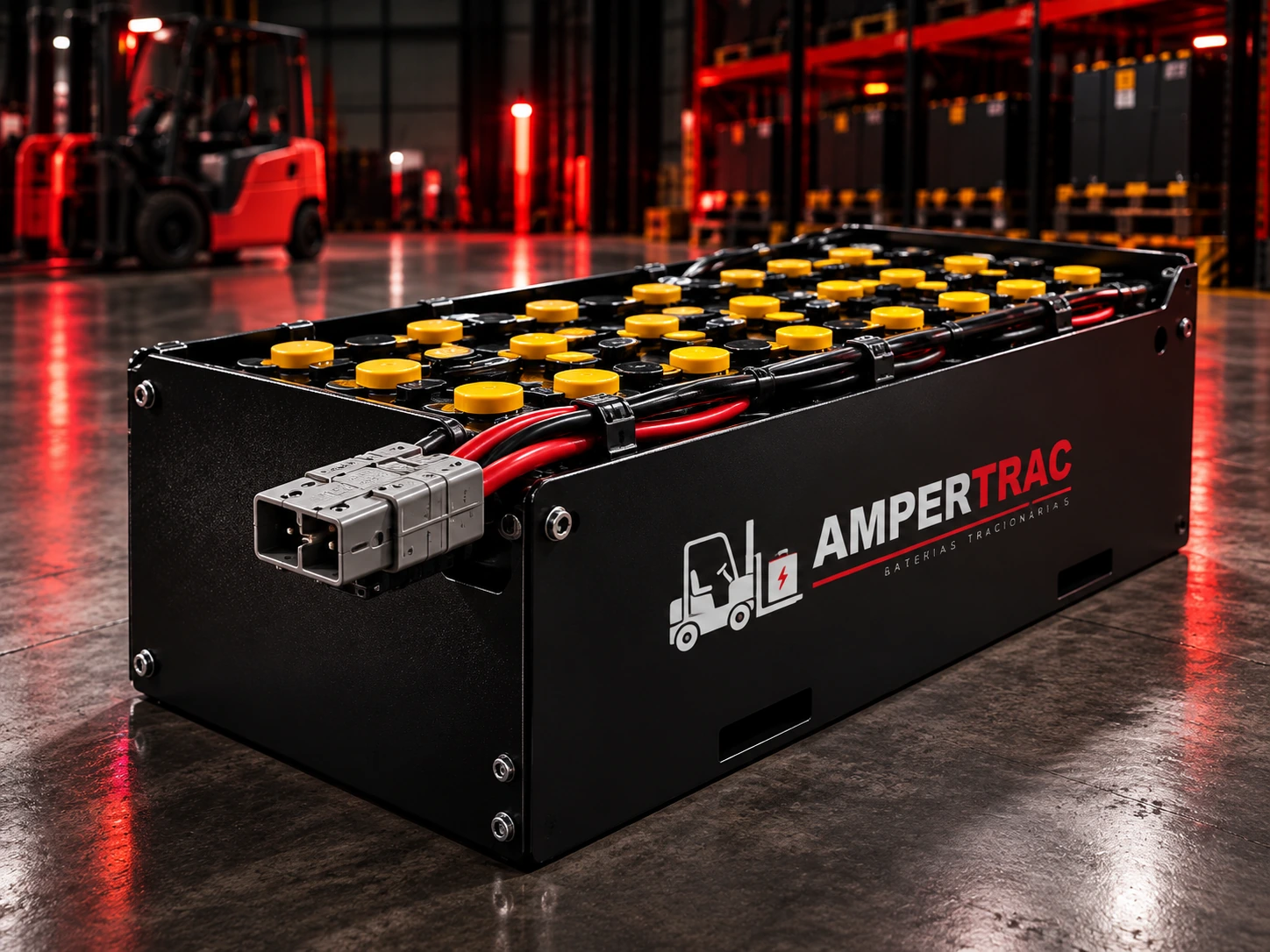 Bateria tracionária com identidade Ampertrac em ambiente industrial